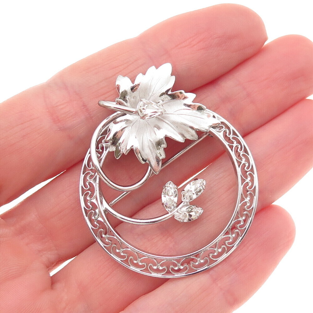 Carl Art 925 Sterling Silver Vintage Rhinestone Floral Leaf Pin Brooch